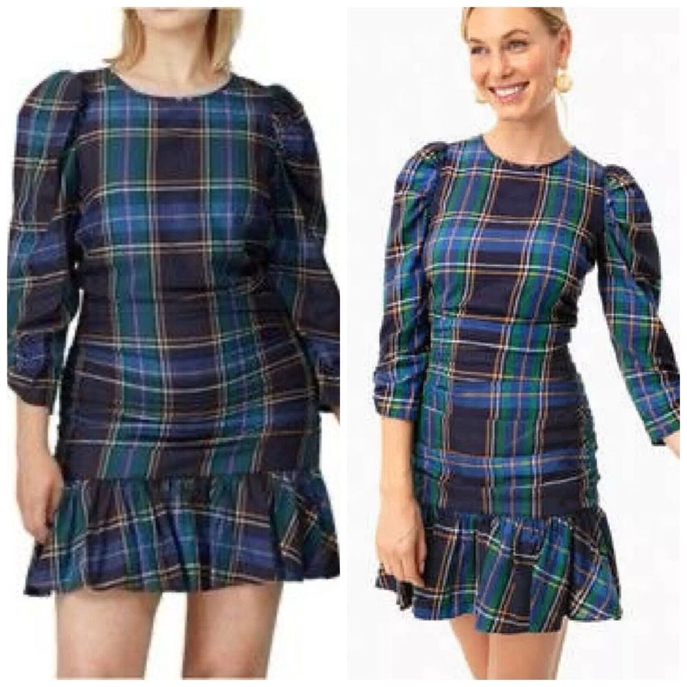 Tanya Taylor Raven Dress Size 18 Plaid Peplum Mini Dress Ruched Long Sleeve